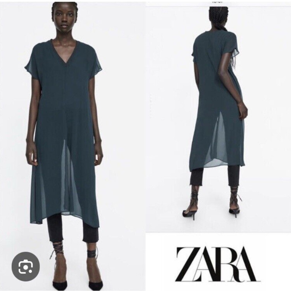 ZARA Blue-Gray-green front Slit long Tunic Semi Sheer Cover/T-shirt combo.NWT. S